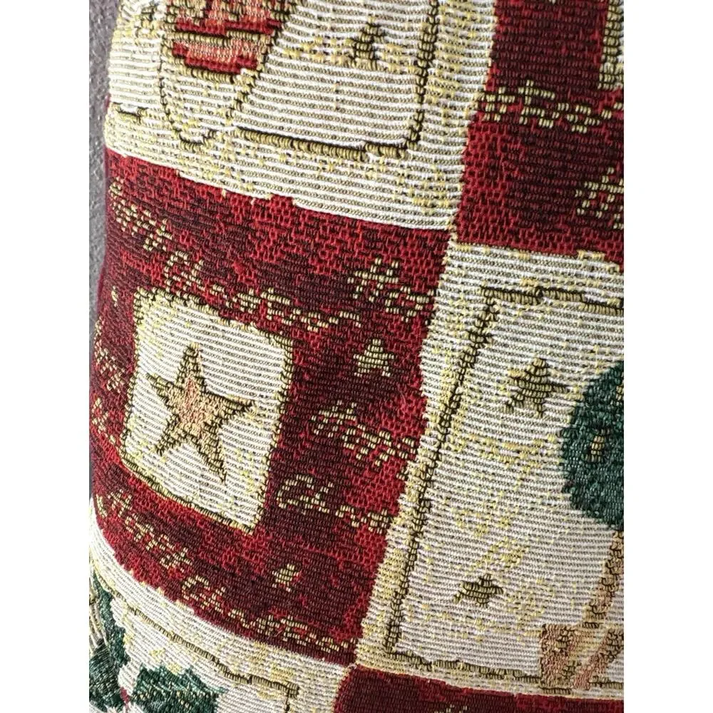 Vintage Christmas Tapestry Throw Pillow 14” Holiday Tree Star Patchwork